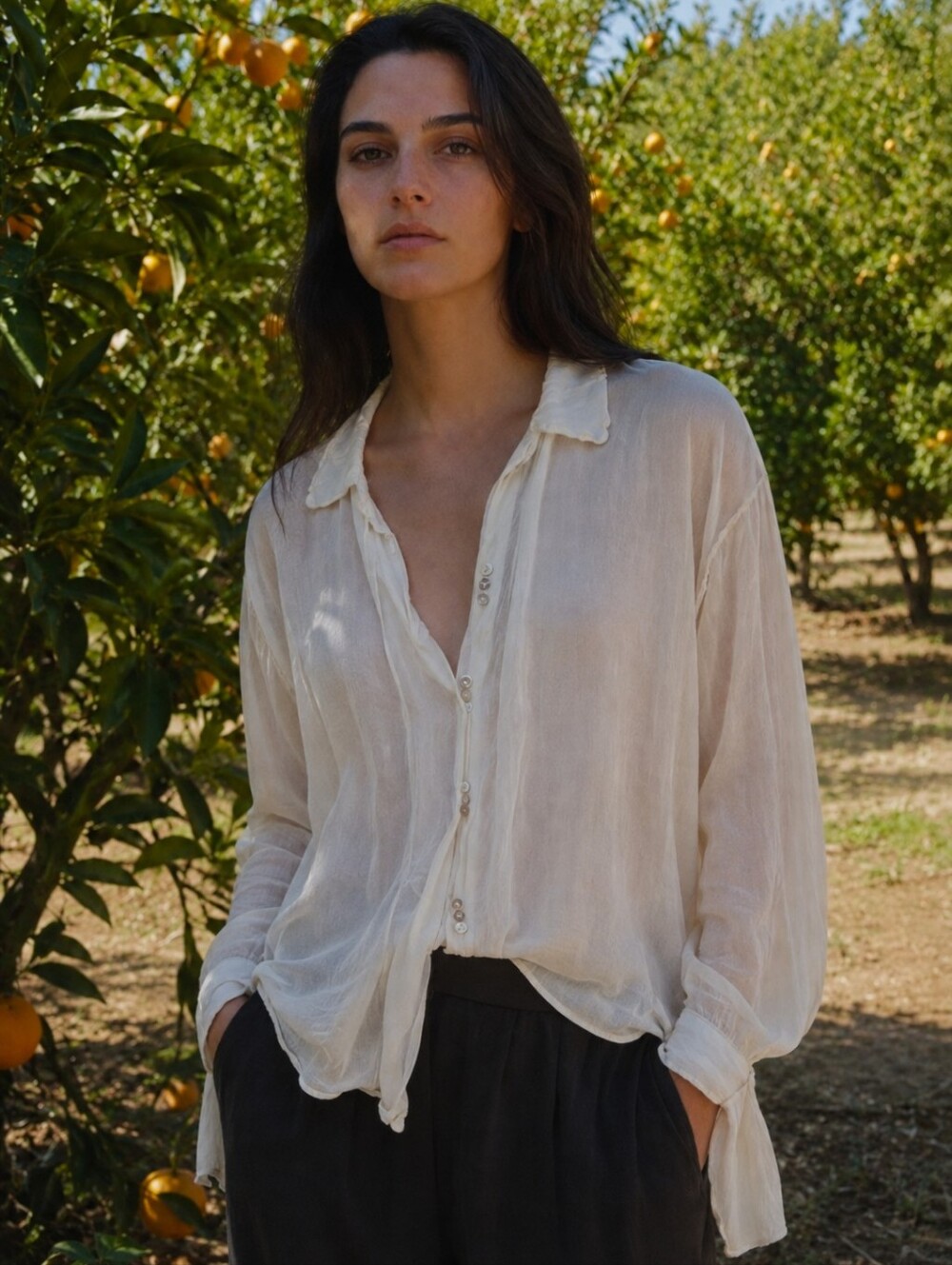 SULA | 100% Silk Handmade Sheer Button Down Blouse in White , size large EUC